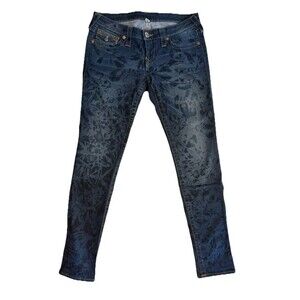 True Religion Flap Pocket Skinny Jeans Blue Floral Stencil Design Low Rise SZ 28